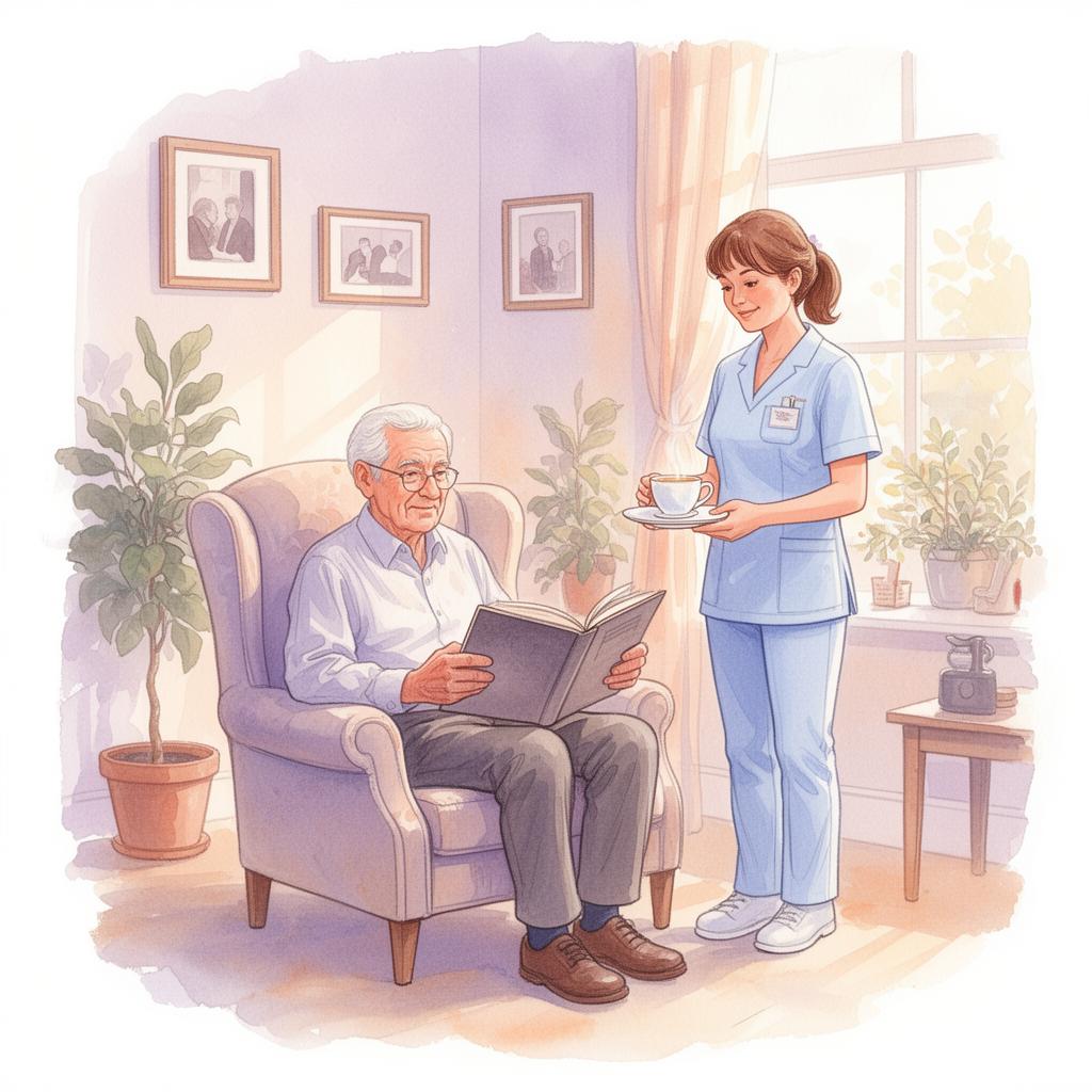 Elderly man reading while caregiver brings tea